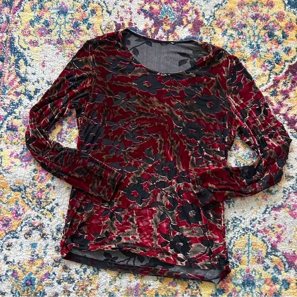 90s Whimsigoth goth romatic velvet floral textured long sleeves top - Picture 3 of 4